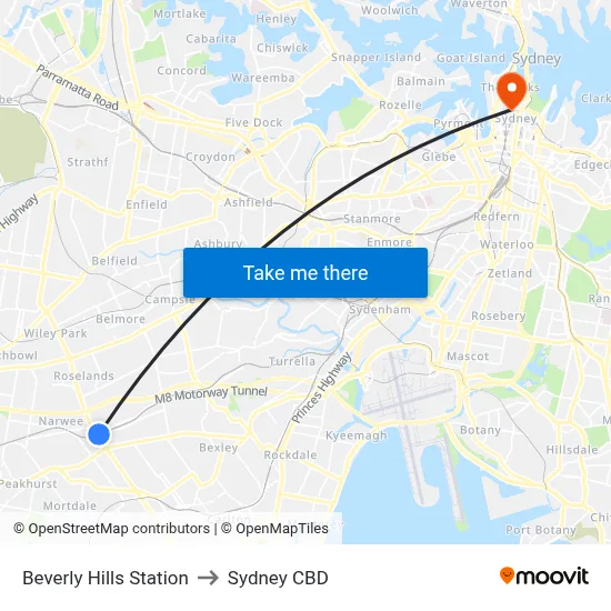 Beverly Hills Station to Sydney CBD map