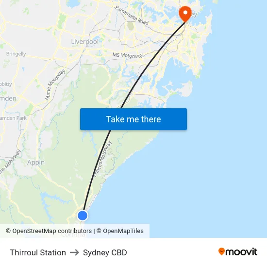 Thirroul Station to Sydney CBD map
