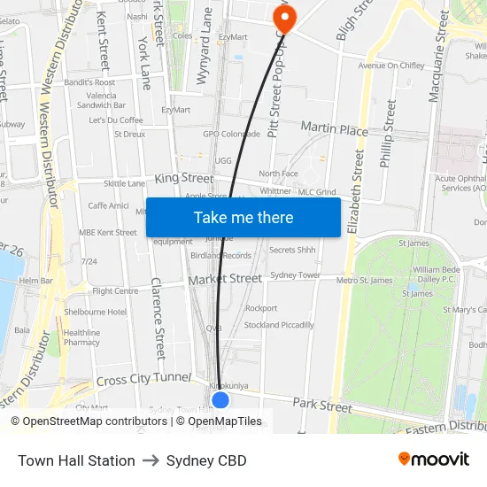 Town Hall Station to Sydney CBD map