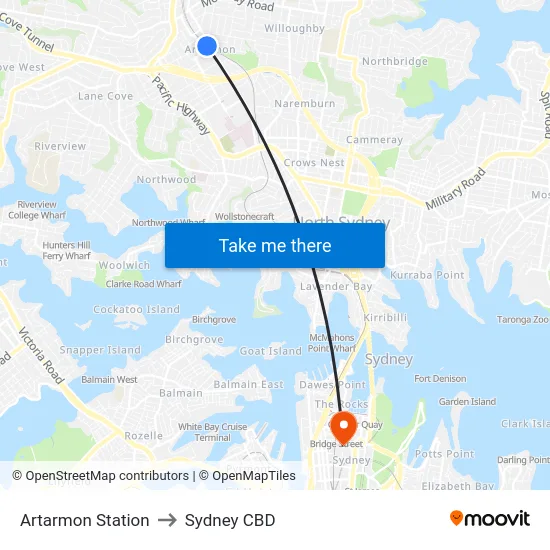 Artarmon Station to Sydney CBD map