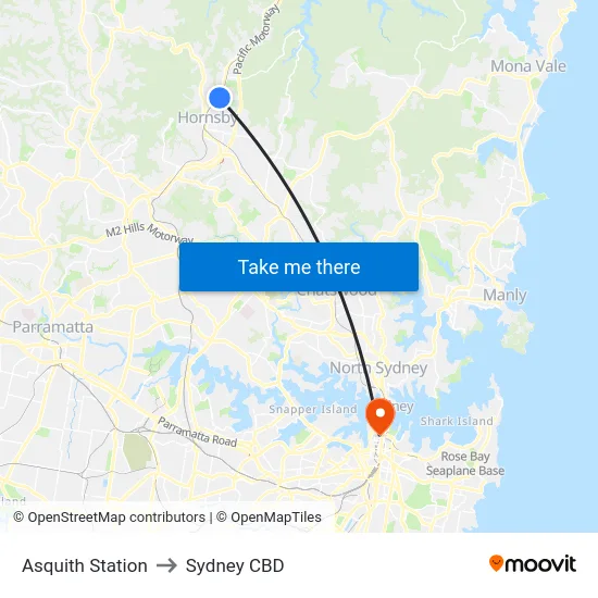 Asquith Station to Sydney CBD map