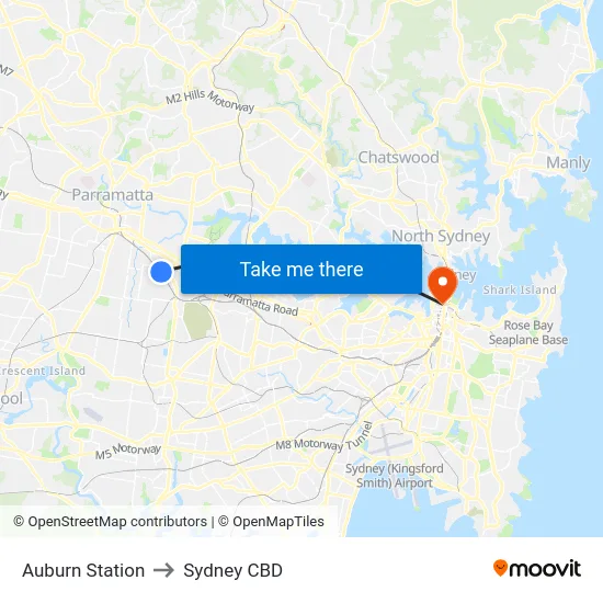 Auburn Station to Sydney CBD map