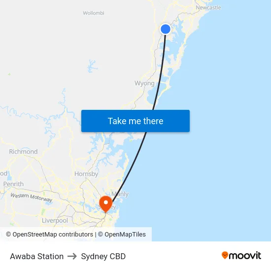 Awaba Station to Sydney CBD map