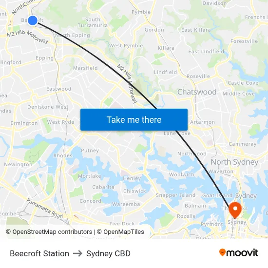 Beecroft Station to Sydney CBD map