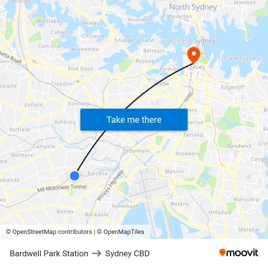 Bardwell Park Station to Sydney CBD map