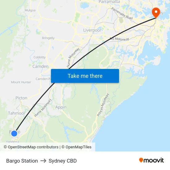 Bargo Station to Sydney CBD map