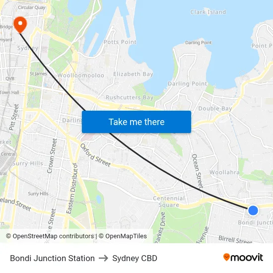 Bondi Junction Station to Sydney CBD map