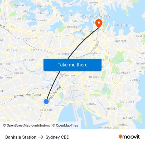 Banksia Station to Sydney CBD map