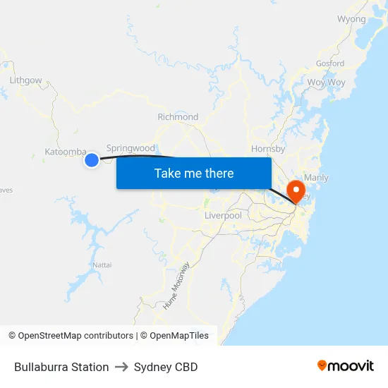 Bullaburra Station to Sydney CBD map
