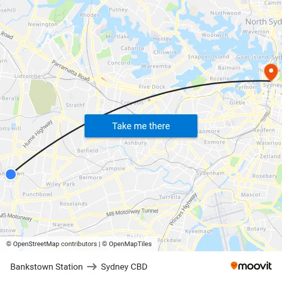 Bankstown Station to Sydney CBD map