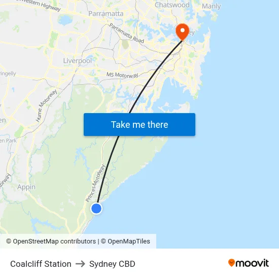 Coalcliff Station to Sydney CBD map