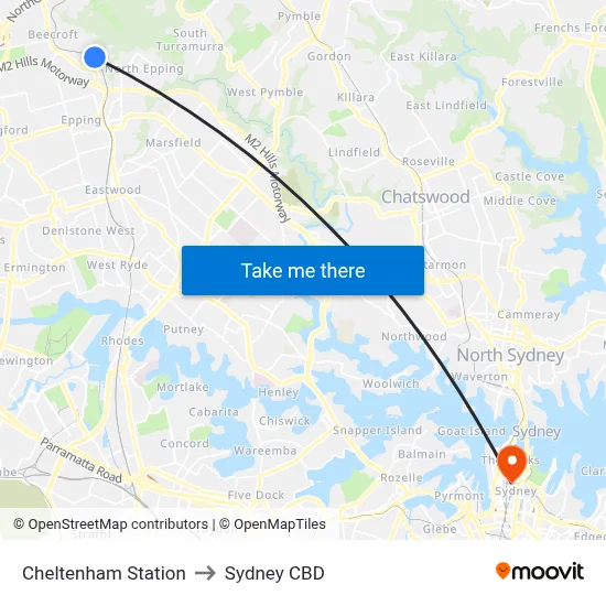 Cheltenham Station to Sydney CBD map