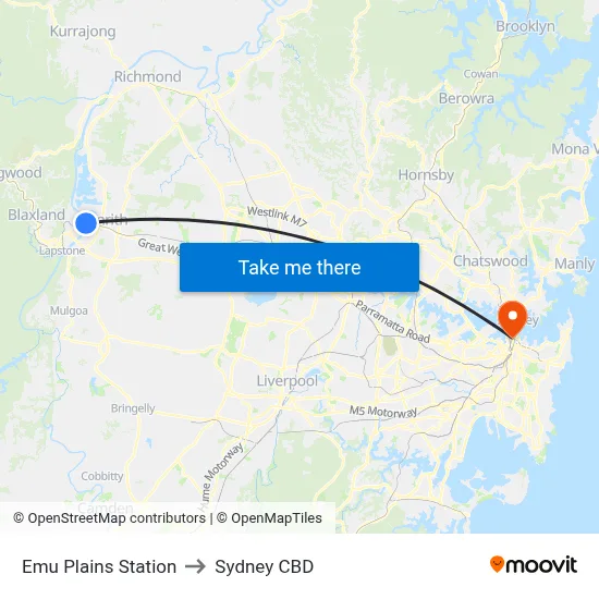 Emu Plains Station to Sydney CBD map