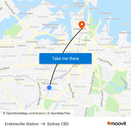 Erskineville Station to Sydney CBD map