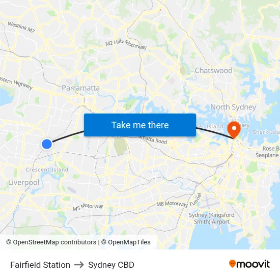 Fairfield Station to Sydney CBD map