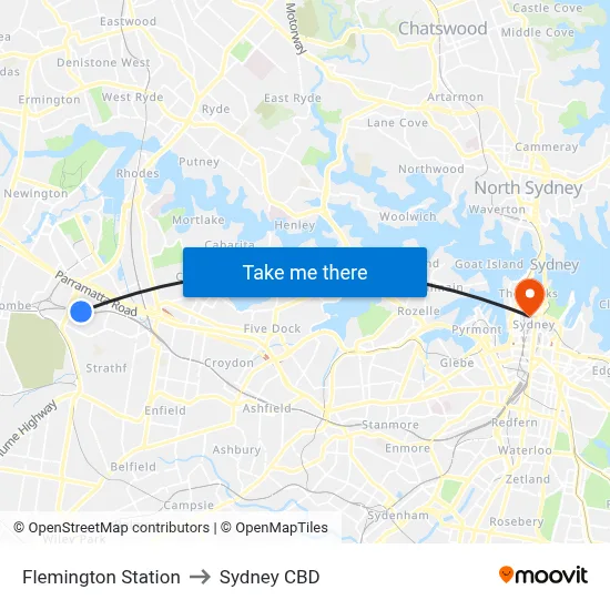 Flemington Station to Sydney CBD map