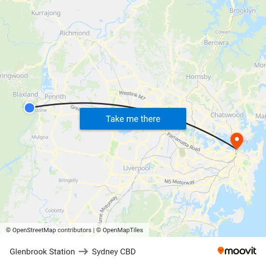 Glenbrook Station to Sydney CBD map