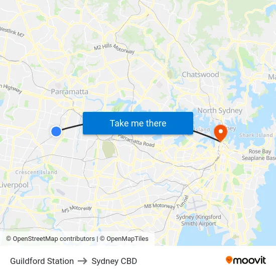 Guildford Station to Sydney CBD map