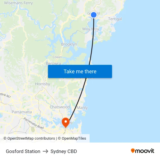 Gosford Station to Sydney CBD map