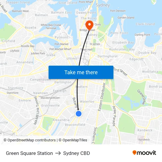 Green Square Station to Sydney CBD map