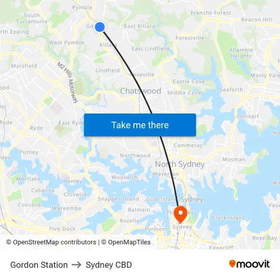 Gordon Station to Sydney CBD map