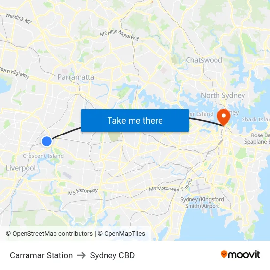 Carramar Station to Sydney CBD map