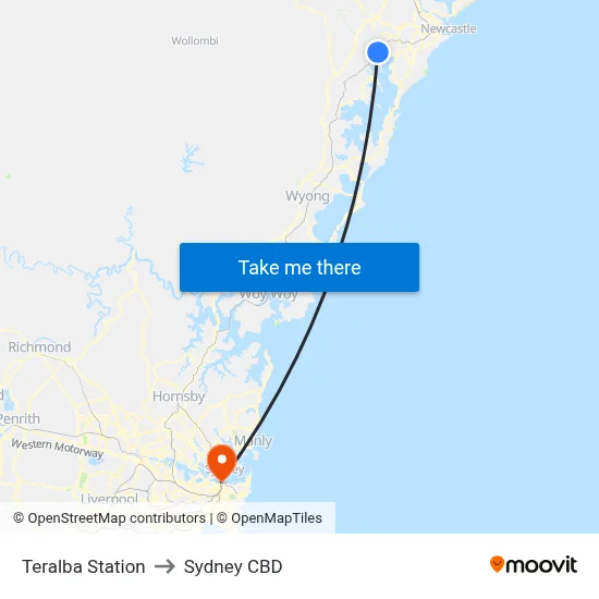 Teralba Station to Sydney CBD map