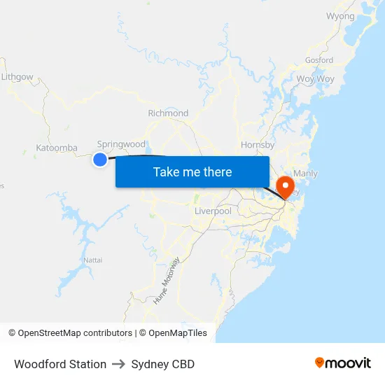 Woodford Station to Sydney CBD map