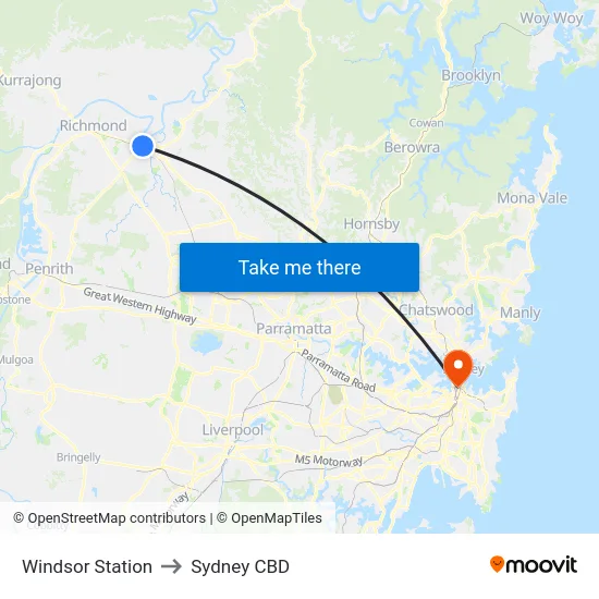Windsor Station to Sydney CBD map