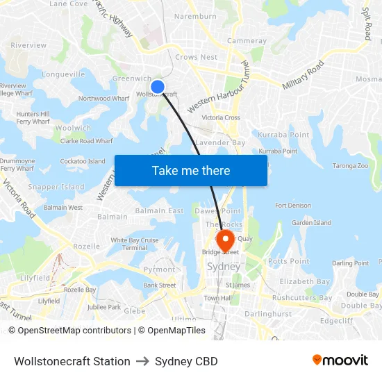 Wollstonecraft Station to Sydney CBD map