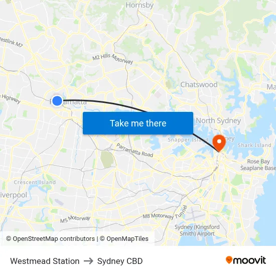 Westmead Station to Sydney CBD map