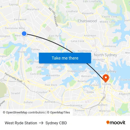 West Ryde Station to Sydney CBD map