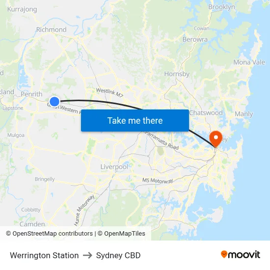 Werrington Station to Sydney CBD map