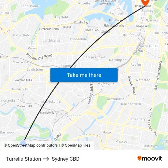 Turrella Station to Sydney CBD map