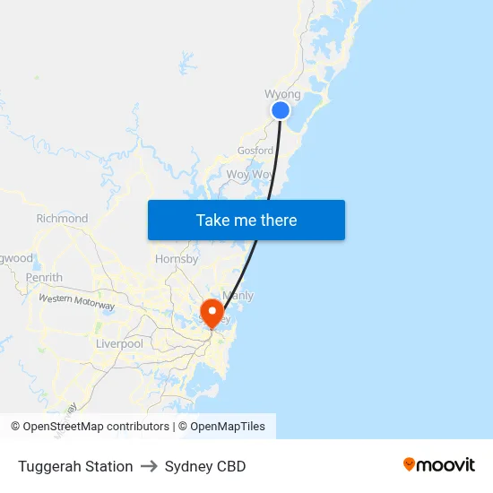 Tuggerah Station to Sydney CBD map