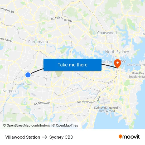 Villawood Station to Sydney CBD map