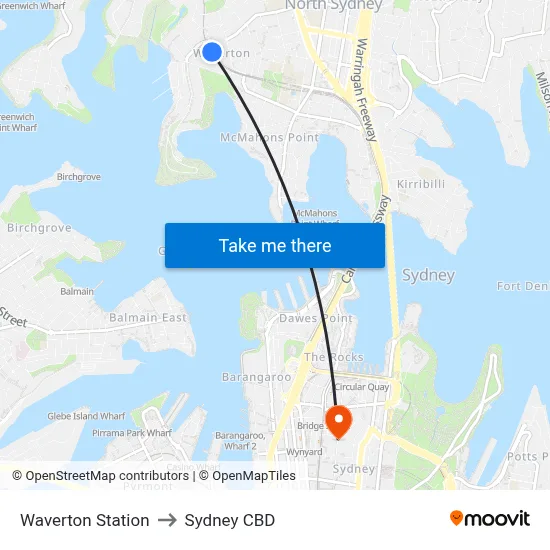 Waverton Station to Sydney CBD map