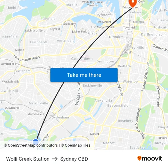 Wolli Creek Station to Sydney CBD map