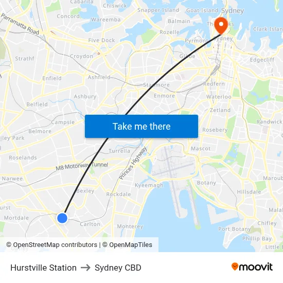 Hurstville Station to Sydney CBD map