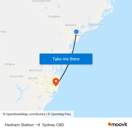 Hexham Station to Sydney CBD map