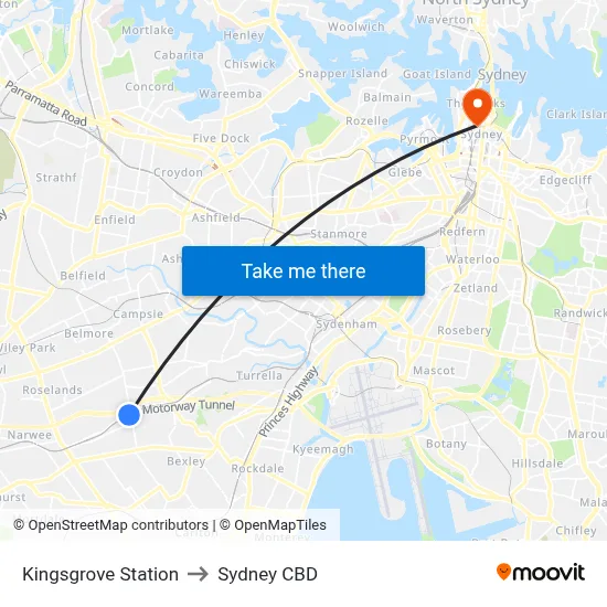 Kingsgrove Station to Sydney CBD map