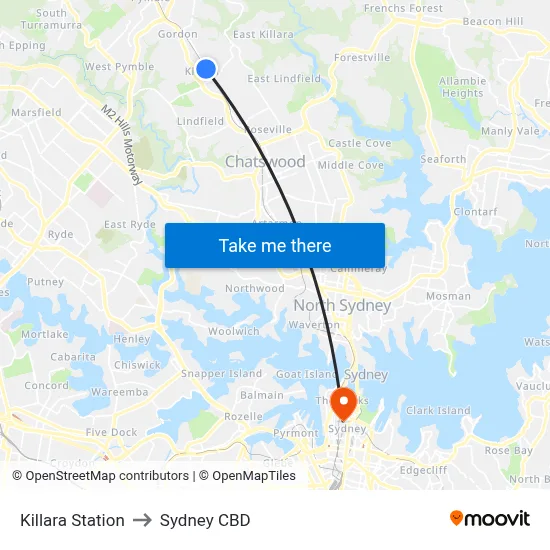 Killara Station to Sydney CBD map