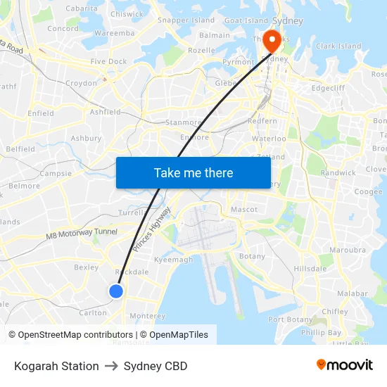 Kogarah Station to Sydney CBD map