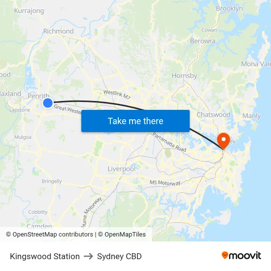 Kingswood Station to Sydney CBD map