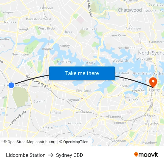 Lidcombe Station to Sydney CBD map