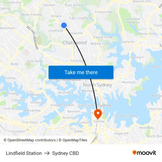 Lindfield Station to Sydney CBD map