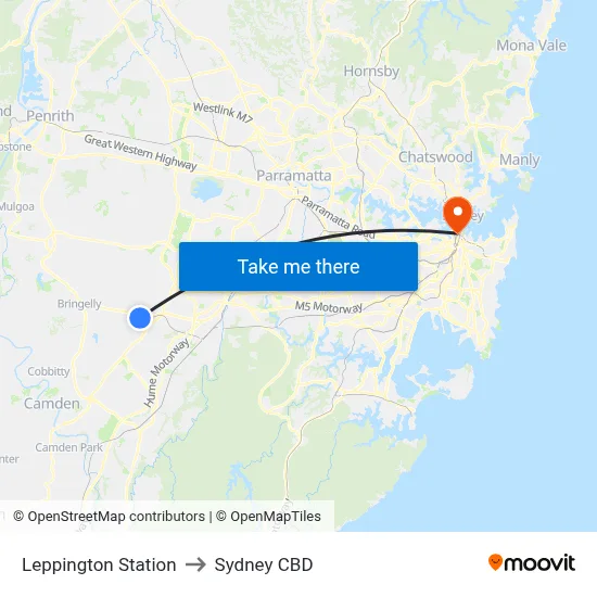Leppington Station to Sydney CBD map