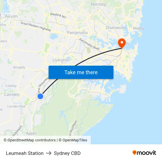 Leumeah Station to Sydney CBD map