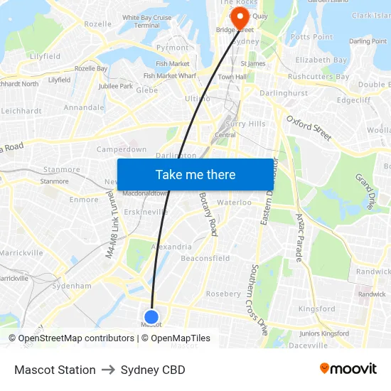 Mascot Station to Sydney CBD map