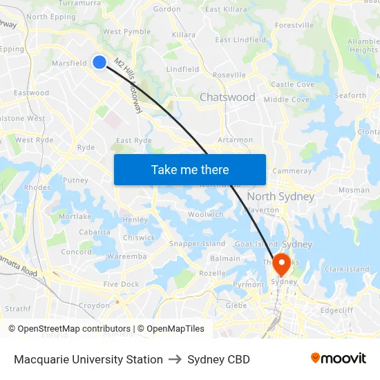 Macquarie University Station to Sydney CBD map